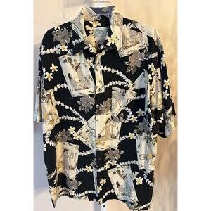 Men Vtg. Silk Black & Tan Hawaiian Shirt 100% Silk Floral Sz.L Polynesian Dancer